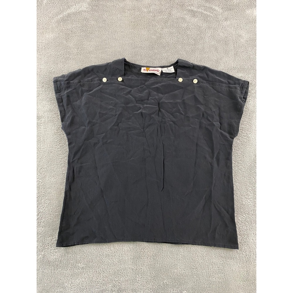 Essential Womens Black 100% Silk Short Sleeve Button Shoulder Blouse Top Size 8
